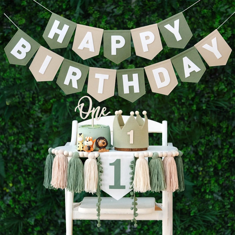 DCJHFJ Wild One High Chair Banner Felt Green Happy Birthday Banner Pre-Strung Birthday Party Decorations For 1st Birthday Decorations Boy - Image 1