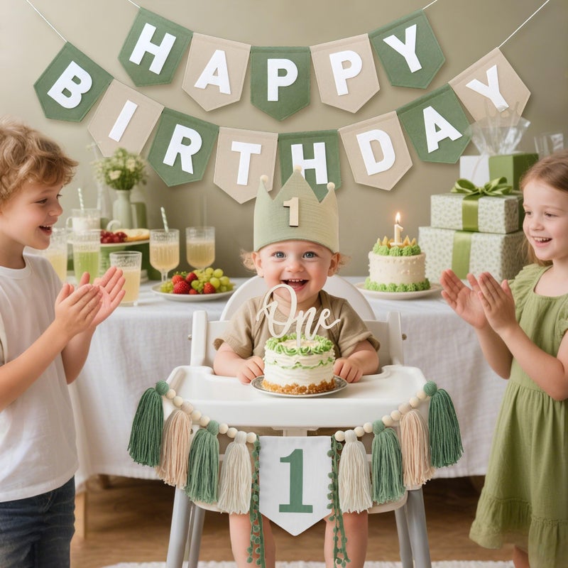 DCJHFJ Wild One High Chair Banner Felt Green Happy Birthday Banner Pre-Strung Birthday Party Decorations For 1st Birthday Decorations Boy - Image 5