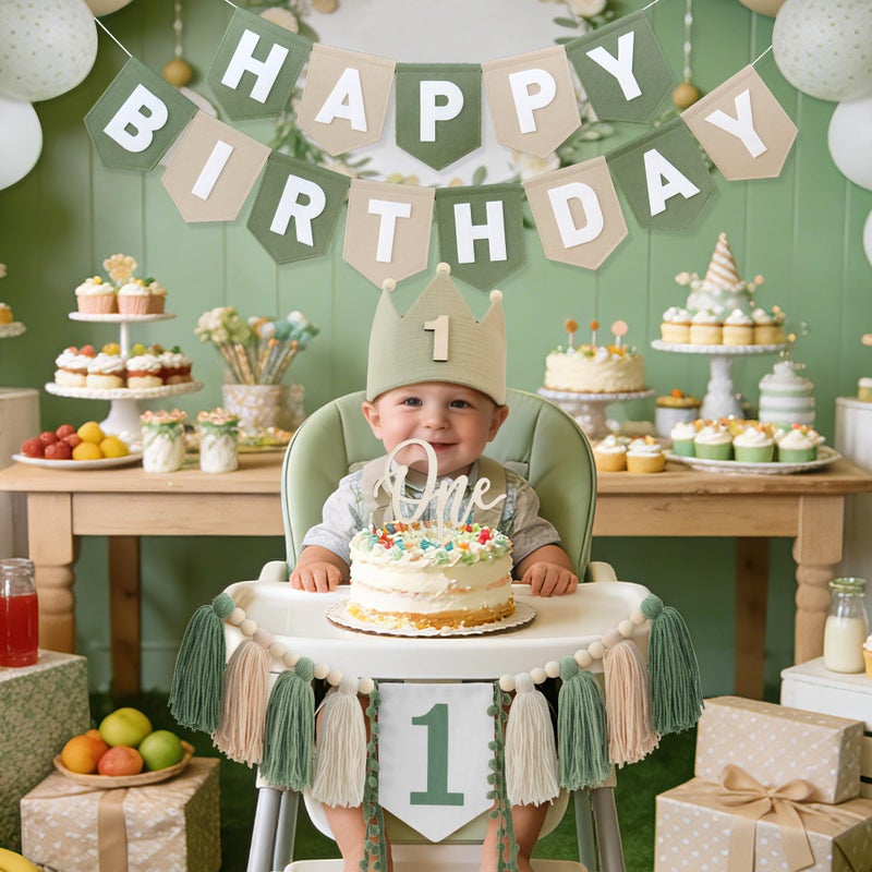 DCJHFJ Wild One High Chair Banner Felt Green Happy Birthday Banner Pre-Strung Birthday Party Decorations For 1st Birthday Decorations Boy - Image 3