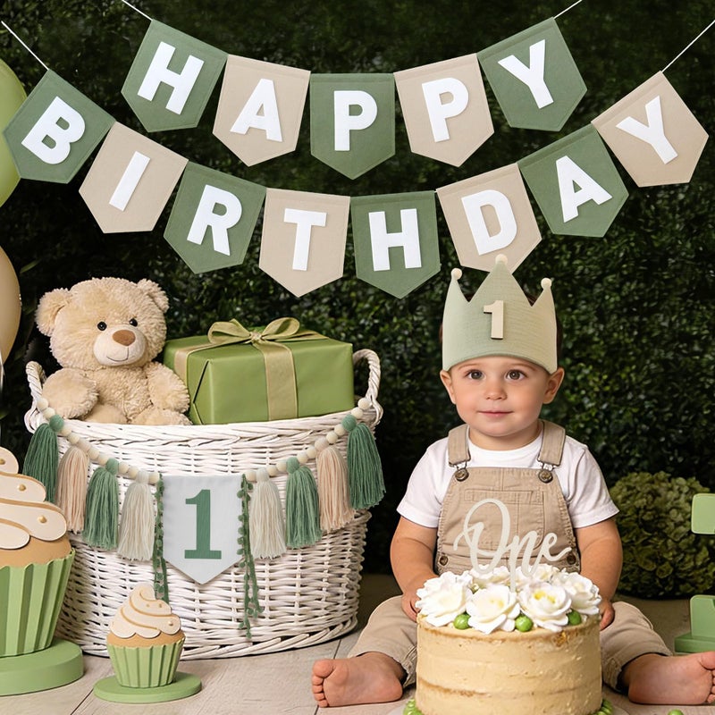 DCJHFJ Wild One High Chair Banner Felt Green Happy Birthday Banner Pre-Strung Birthday Party Decorations For 1st Birthday Decorations Boy - Image 4
