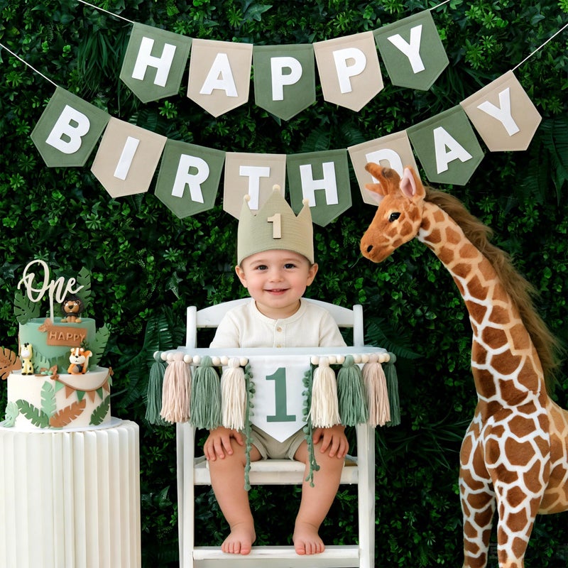 DCJHFJ Wild One High Chair Banner Felt Green Happy Birthday Banner Pre-Strung Birthday Party Decorations For 1st Birthday Decorations Boy - Image 2