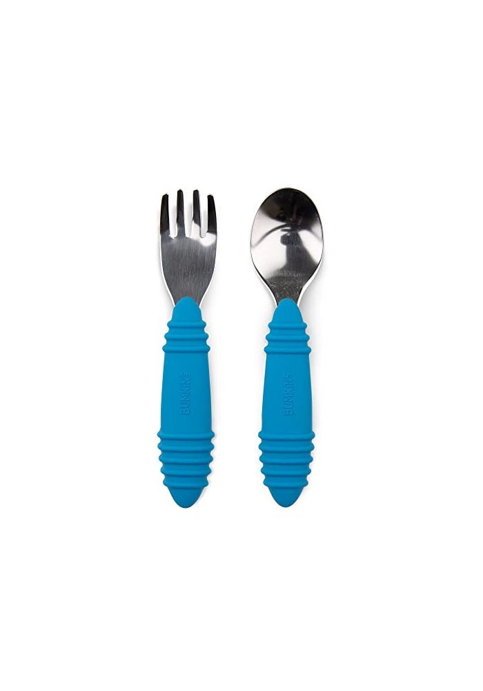 Bumkins Toddler Utensils Kids Size Fork and Spoon Set Silicone and StainlessSteel Training Silverware Angled Forks Sporks for SelfFeeding Children Hold Learning to Eat 18 Mos Up Dark Blue - Image 1