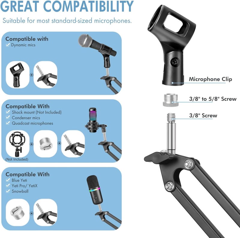 TECHBLAZE Professional Recording Microphone Stand For Condenser Mic Boom Suspension Scissor Arm stand Gaming Mic Stand Studio - Black - Image 3