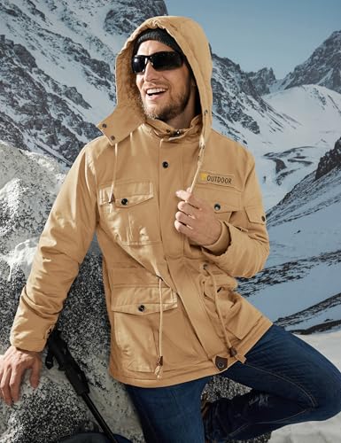 CRYSULLY Men's Winter Jacket Cotton Military Jackets Fleece Lined Thick Warm Cargo Coats Multi-Pocket Outwear with Hooded Khaki M - Image 3