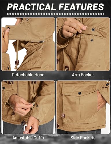 CRYSULLY Men's Winter Jacket Cotton Military Jackets Fleece Lined Thick Warm Cargo Coats Multi-Pocket Outwear with Hooded Khaki M - Image 5
