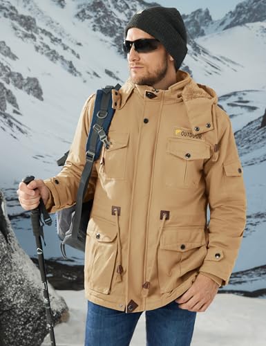 CRYSULLY Men's Winter Jacket Cotton Military Jackets Fleece Lined Thick Warm Cargo Coats Multi-Pocket Outwear with Hooded Khaki M - Image 2