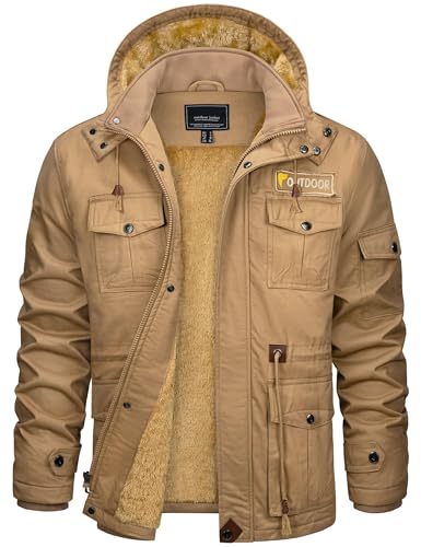 CRYSULLY Men's Winter Jacket Cotton Military Jackets Fleece Lined Thick Warm Cargo Coats Multi-Pocket Outwear with Hooded Khaki M - Image 1