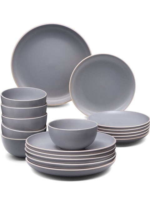 18 Piece Stoneware Dinnerware Set for 6, Serves 6 | Kitchen Plates and Bowls, Dishwasher & Microwave Safe, Matt Grey Colour, Contrast Rimmed