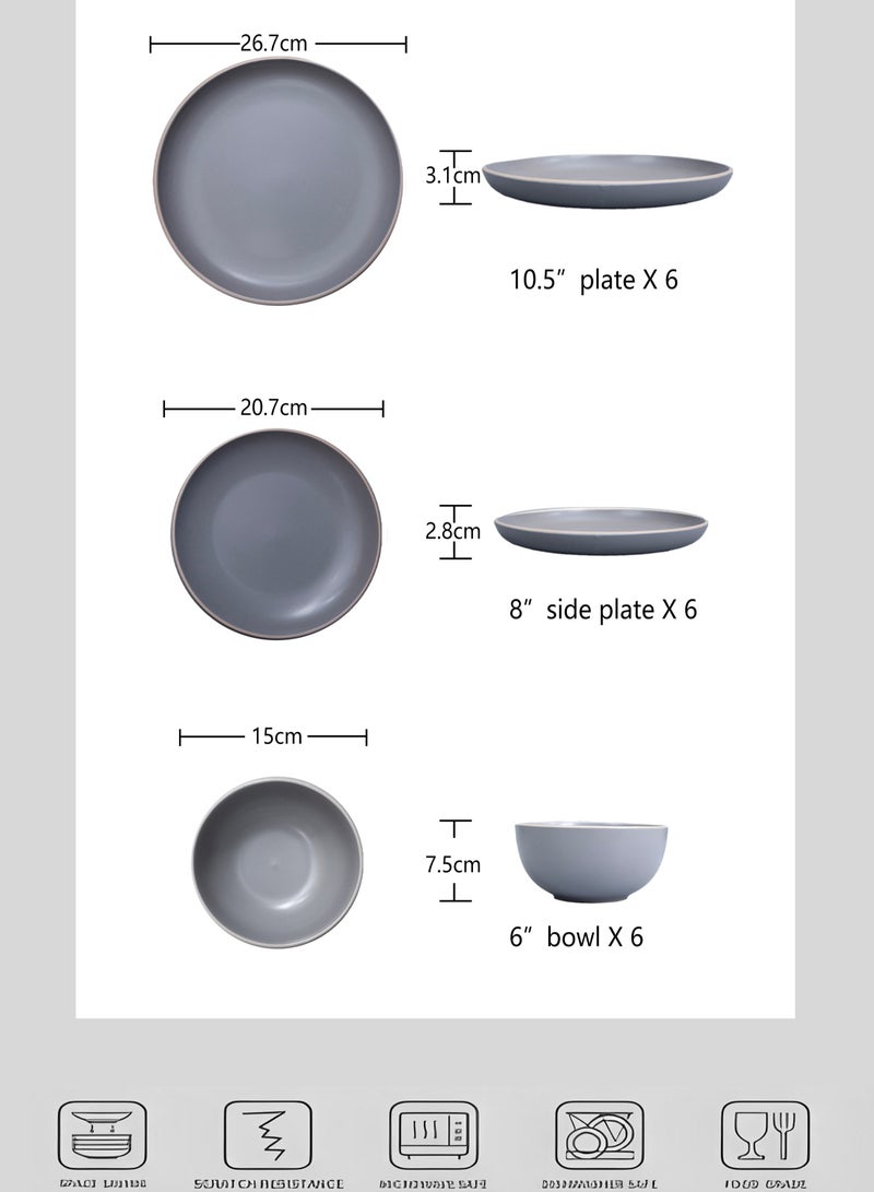 ايست من نون طقم أدوات مائدة من الخزف 18 قطعة لـ 6 أشخاص، يخدم 6 | أطباق وأوعية مطبخ، آمنة في غسالة الصحون والميكروويف، لون رمادي غير لامع، حواف متباينة - Image 2