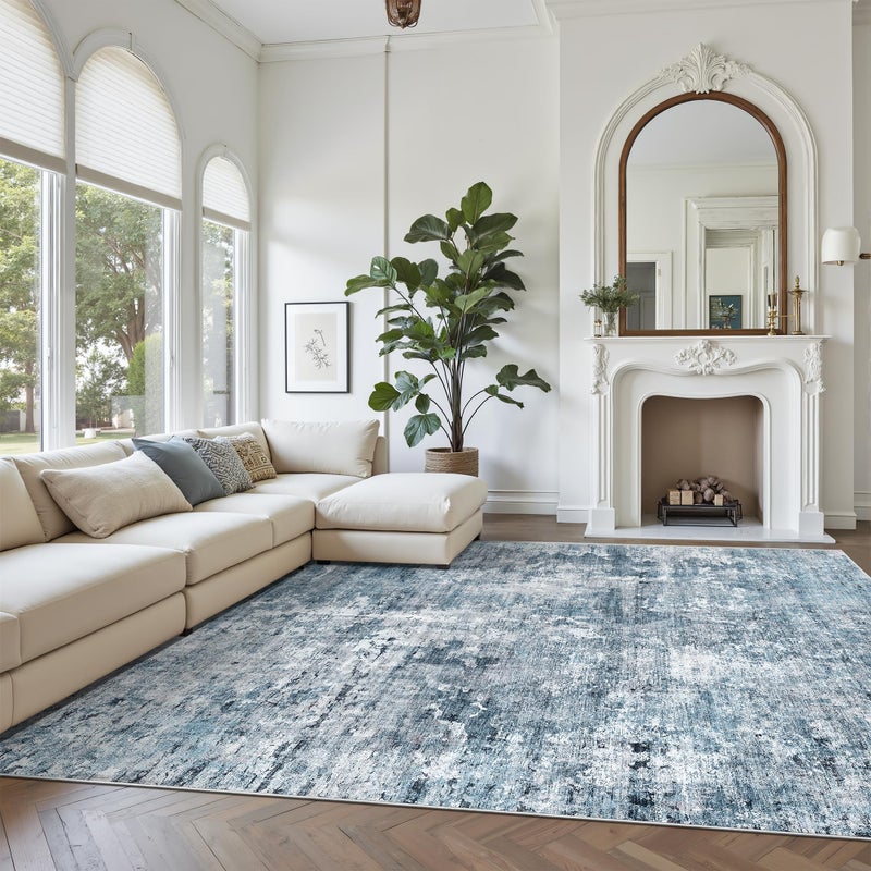 Soalmost Abstract Rug 8x10 Large Living Room Rugs Neutral Modern Washable Area Rugs for Bedroom Dining Room Non-Slip Stain Resistant Foldable Thin Blue - Image 2