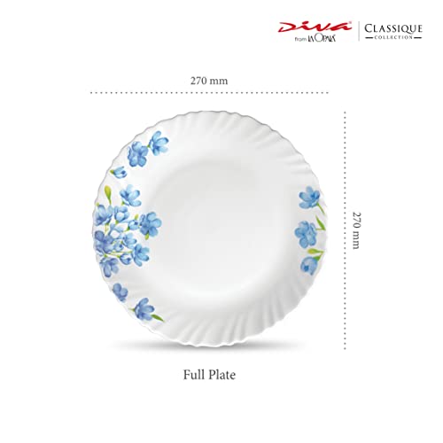 La Opala Diva Classique Collection Opal Glass Crockery | Full Plate Set of 6 | Aster Blue Design | for Dining & Gifting | Microwave Safe | 100% Vegetarian | Extra Strong | Super Light & White - Image 2
