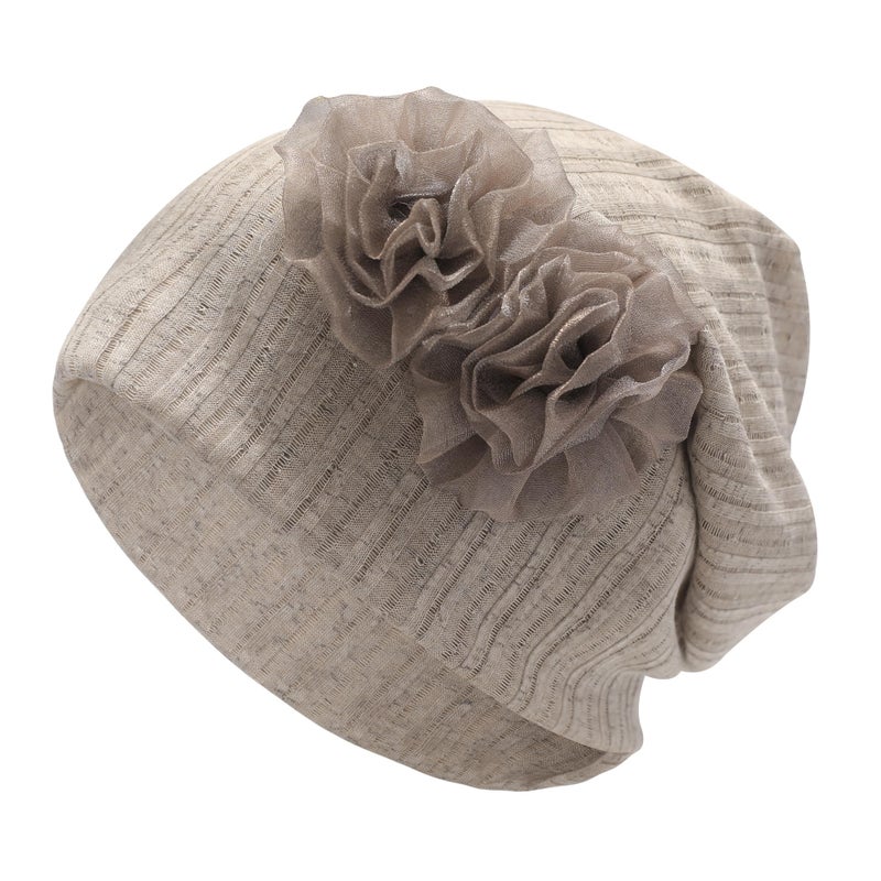 ZLYC Women Lightweight Slouchy Beanie Hat Thin Knit Skull Cap Summer Chemo Headwear, Flower Khaki - Image 4