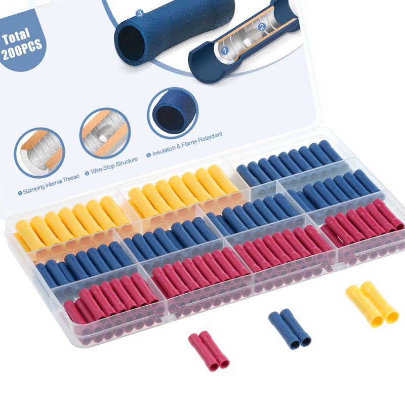AIRIC UL Listed 200 Pcs Wire Butt Splice Connectors Kit, 22-10 AWG Electrical Crimp Terminal Connector Kits, Fully Insulated Wiring Straight Crimps Terminals for 22,20,18,16,14,12,10 Gauge Wires - Image 1