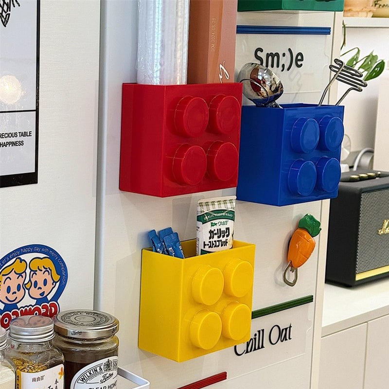 DAECHAO Magnetic Basket Organizer for Fridge - Lego-Style ABS Plastic Storage Box, No Drill Design for Kitchen Counter, Microwave & Whiteboard, Holds Up to 3.5 lbs (Red) - Image 2