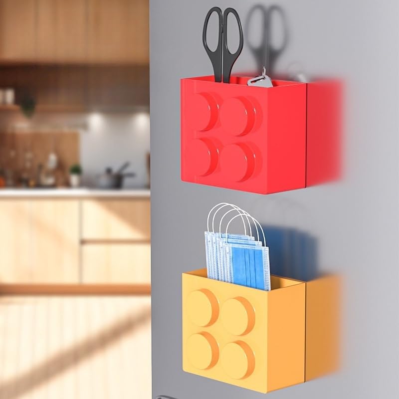 DAECHAO Magnetic Basket Organizer for Fridge - Lego-Style ABS Plastic Storage Box, No Drill Design for Kitchen Counter, Microwave & Whiteboard, Holds Up to 3.5 lbs (Red) - Image 5