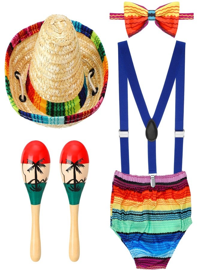 Geyoga Baby 1st Birthday Mexican Outfit Cake Smash Outfit Suspender Bloomers Tie Hat with Wood Rumba Shakers Rattle(Bright Style) - Image 1