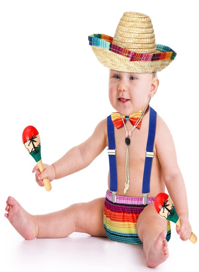 Geyoga Baby 1st Birthday Mexican Outfit Cake Smash Outfit Suspender Bloomers Tie Hat with Wood Rumba Shakers Rattle(Bright Style) - Image 5