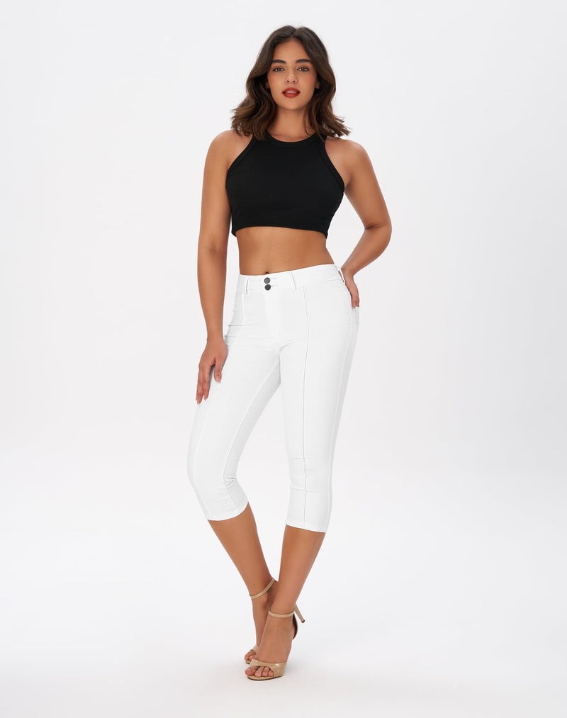 roswear Womenâ€™s Capri Pants Trendy Mid Rise Skinny Stretchy Front Seam Denim Jeans White Medium - Image 2