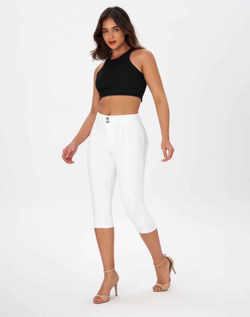 roswear Womenâ€™s Capri Pants Trendy Mid Rise Skinny Stretchy Front Seam Denim Jeans White Medium - Image 3