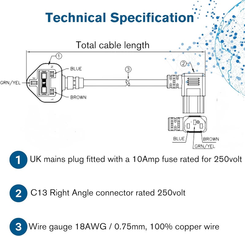 سي2جي 82035 1 متر كابل طاقة بزاوية 90 درجة 18 AWG (من IEC320C13R إلى BS1363) سلك غلاية بزاوية قائمة، أسود - Image 4