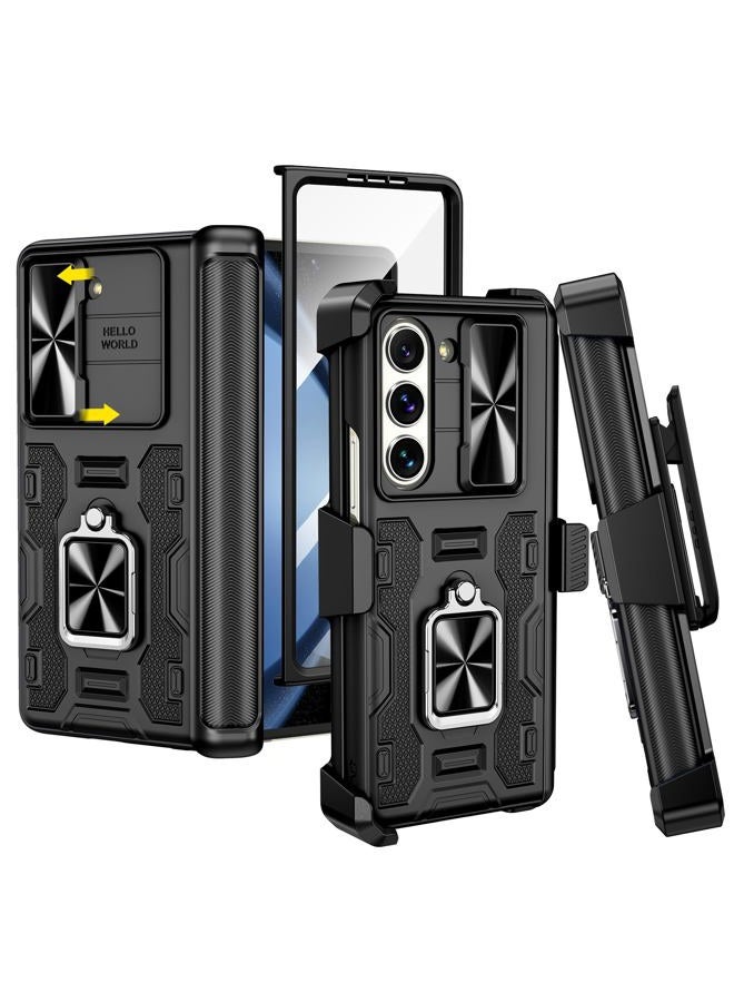 Vego for Galaxy Z Fold 5 Case with Belt Clip Holster, 360°Ring Magnetic Kickstand & Camera Cover & Front Screen Protector, Hinge Protection Shockproof Armor Cover - Black - Image 1