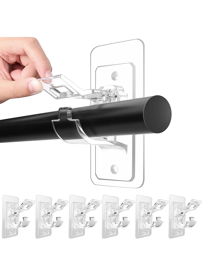 erorex 6-Pack No Drill Needed Curtain Rod Holders Brackets, Self Adhesive Rod Holder Hooks, Multipurpose Nail Free Stick on Curtain Rod Hooks  - Image 1