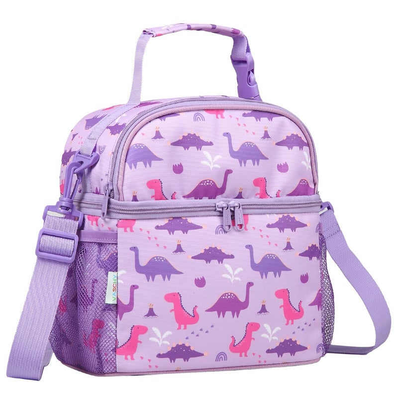 Vaschy Lunch Box Bag for KidsVASCHY Insulated Double Compartments Cooler Lunch Tote for Toddlers Girls SchoolDaycarePicnic Lilac Dinos