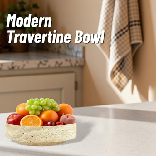 Neeenn Natural Travertine Decorative Bowl, 7.87" x 2.16" Round Stone Fruit Bowl for Kitchen Counter, Modern Marble Key Bowl for Entryway Table, Stone Catchall Tray for Jewelry, Candy, Home Decor Centerpiece - Image 5