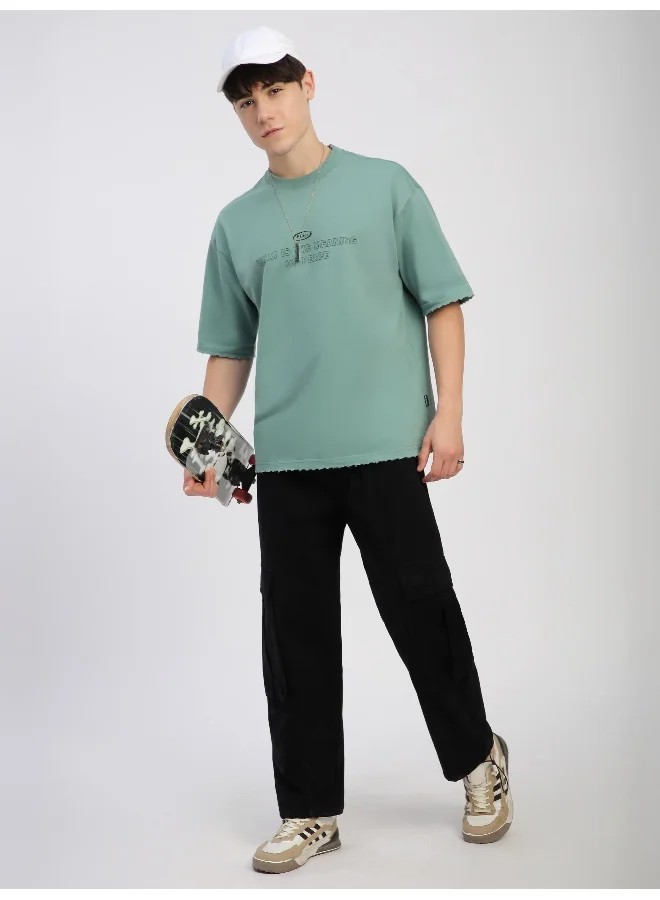 Beyoung Teal Green Peace Printed Ribbed Edge Oversized T-Shirt