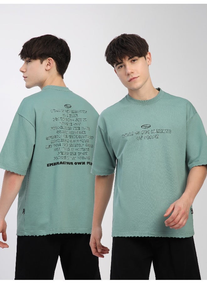 Beyoung Teal Green Peace Printed Ribbed Edge Oversized T-Shirt  - Image 5