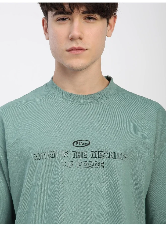 Beyoung Teal Green Peace Printed Ribbed Edge Oversized T-Shirt