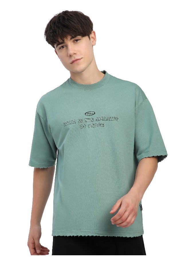 Beyoung Teal Green Peace Printed Ribbed Edge Oversized T-Shirt  - Image 1
