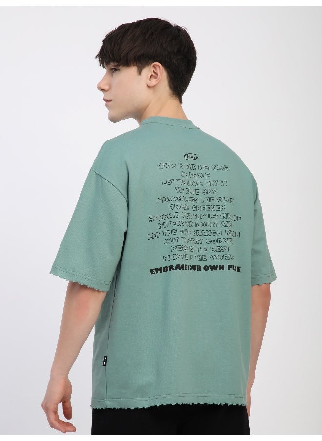 Beyoung Teal Green Peace Printed Ribbed Edge Oversized T-Shirt  - Image 2