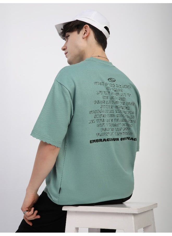 Beyoung Teal Green Peace Printed Ribbed Edge Oversized T-Shirt  - Image 3