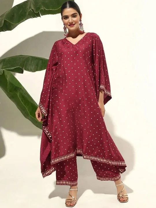 ISHIN Women'S Maroon Polyester Blend Embellished Kaftan Full Length Palazzo Straight Fit Kurta Set