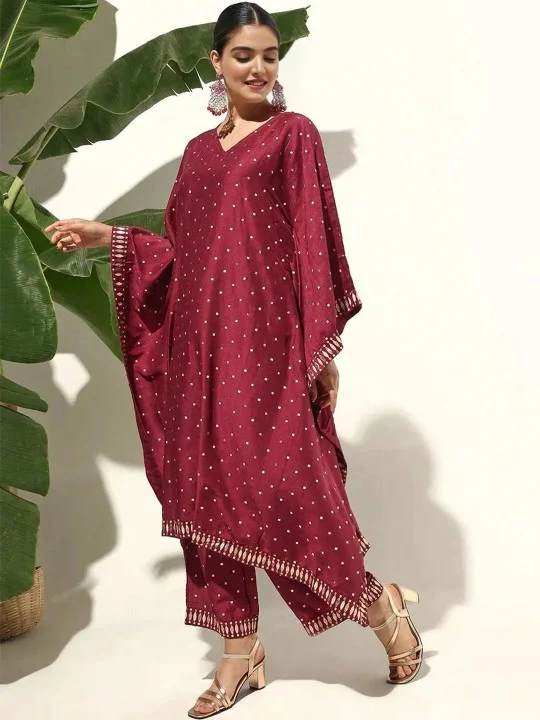 ISHIN Women'S Maroon Polyester Blend Embellished Kaftan Full Length Palazzo Straight Fit Kurta Set