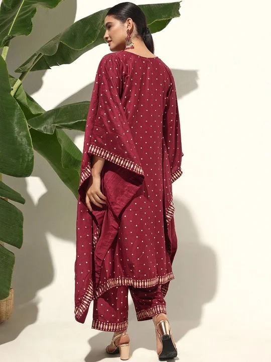 ISHIN Women'S Maroon Polyester Blend Embellished Kaftan Full Length Palazzo Straight Fit Kurta Set