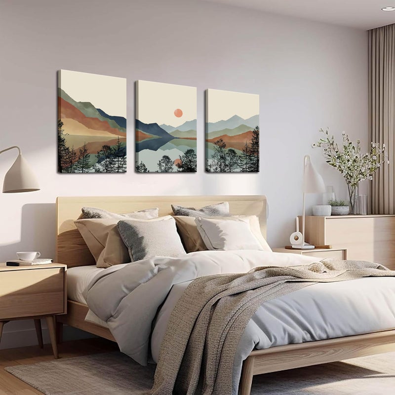 AKWISH Framed Mountain Canvas Wall Art Set of 3, Boho Watercolor Poster Prints Painting, Sun Forest Abstract Nature Landscape Artwork Wall Decor for Living Room, Bedroom, Office 16x24 In - Image 4