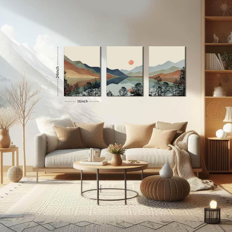AKWISH Framed Mountain Canvas Wall Art Set of 3, Boho Watercolor Poster Prints Painting, Sun Forest Abstract Nature Landscape Artwork Wall Decor for Living Room, Bedroom, Office 16x24 In - Image 3