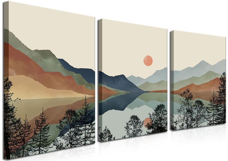 AKWISH Framed Mountain Canvas Wall Art Set of 3, Boho Watercolor Poster Prints Painting, Sun Forest Abstract Nature Landscape Artwork Wall Decor for Living Room, Bedroom, Office 16x24 In - Image 1