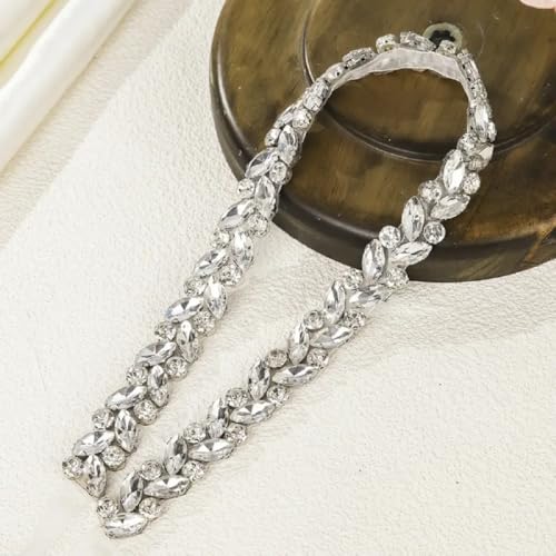 Dream Billions Handmade Crystal Rhinestone Lace Flower Trim, 50cm Decorative Embellishment for Wedding Gowns, DIY Clothing, Hair Accessories 50cm, clear , silver - Image 2