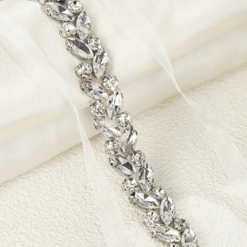 Dream Billions Handmade Crystal Rhinestone Lace Flower Trim, 50cm Decorative Embellishment for Wedding Gowns, DIY Clothing, Hair Accessories 50cm, clear , silver - Image 1