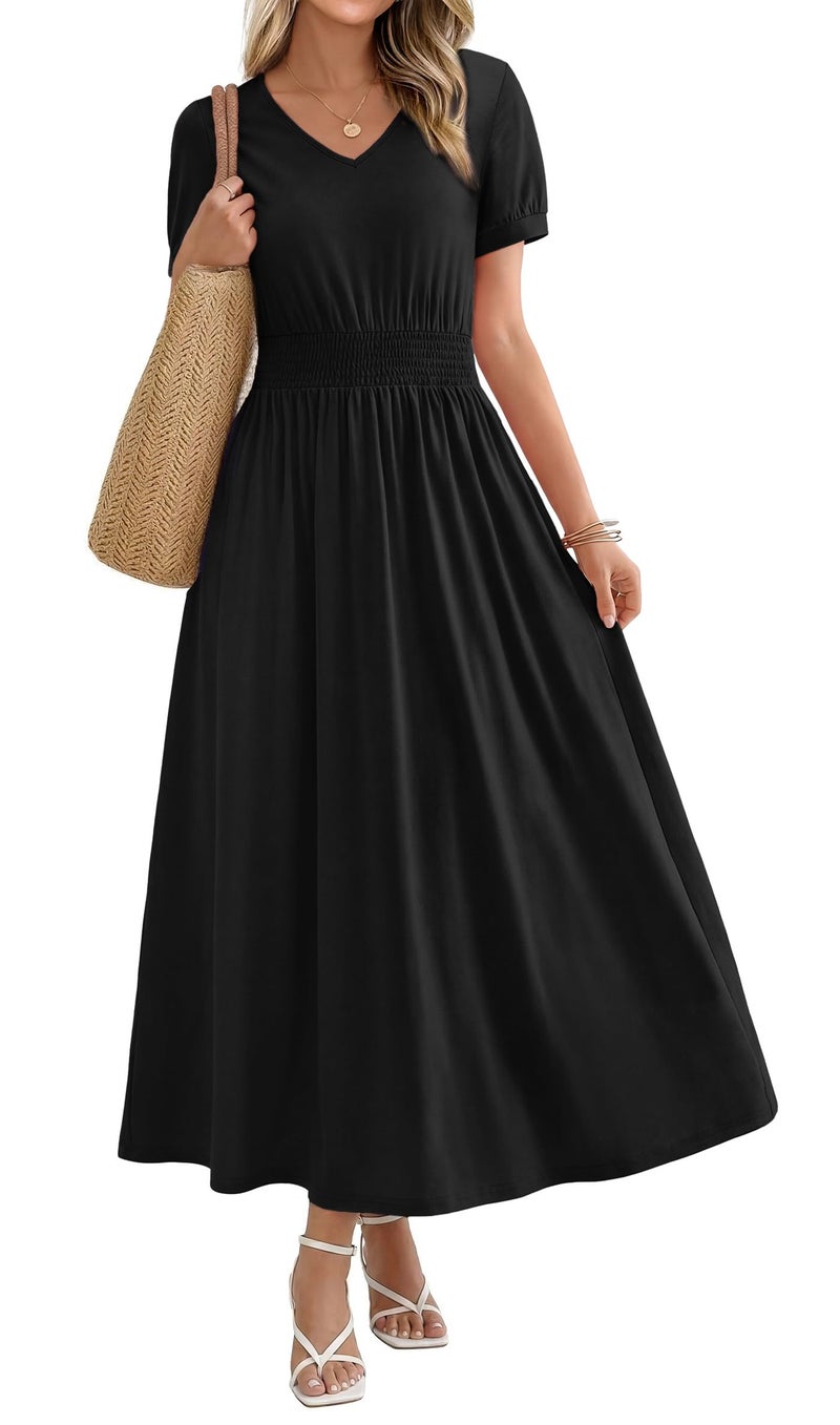OFEEFAN Little Black Maxi Work Dresses for Women Ladies Summer Midi Sundresses Long Casual Shirt Dress Spring Beach Vacation Church Outfits Fashion Clothing 2026 Trendy Resort Wear A Line Flowy L - Image 1