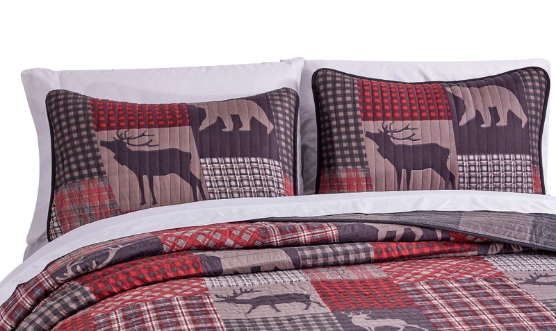 Rugs 4 Less Rustic Log Cabin Lodge Quilted Grey Charcoal Deep Red Reversible Plaid Bear Patchwork Bedspread Coverlet Bedding Set - Plaid Bear (King/Cal-King) - Image 2