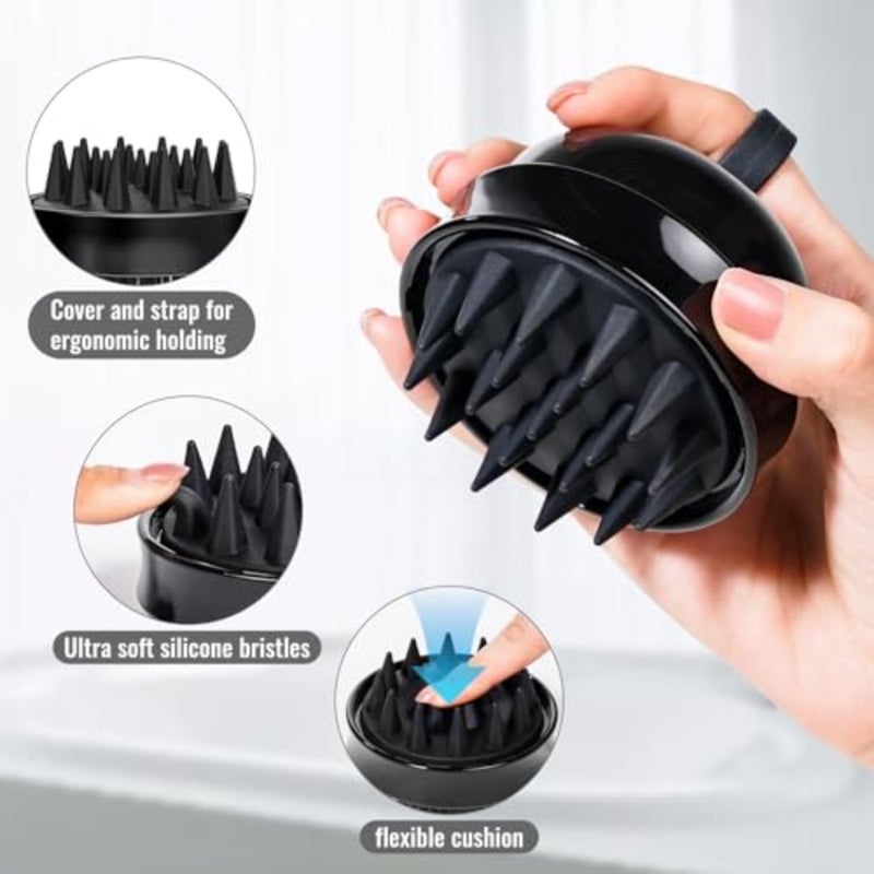 2 in 1 Scalp Massager Hair Growth, Scalp Scrubber with Soft Silicone Bristles for Dandruff Removal, Shampoo Brush for Exfoliation, Head Massager for Both Wet and Dry Use Black - Image 4