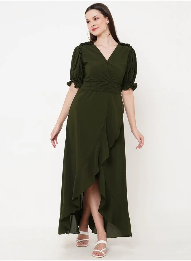 Mish Solid Georgette Wrap Front Maxi Dress