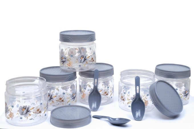 AIRTIGHT PLASTIC SMALL SPICE STORAGE CONTAINER AND JAR BOX WITH SPOON SET OF 6 200ML MASALA BOX STORAGE ORGANIZER FOR PANTRY GREY
