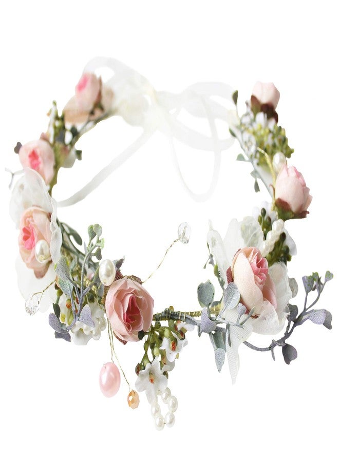 LLinfflr Pearl Flower Crown Floral Garland Headband Flower Halo Headpiece Hair Wreath Boho Photos Wedding Pink - Image 1