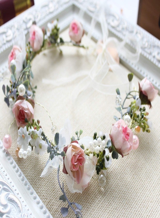 LLinfflr Pearl Flower Crown Floral Garland Headband Flower Halo Headpiece Hair Wreath Boho Photos Wedding Pink - Image 3