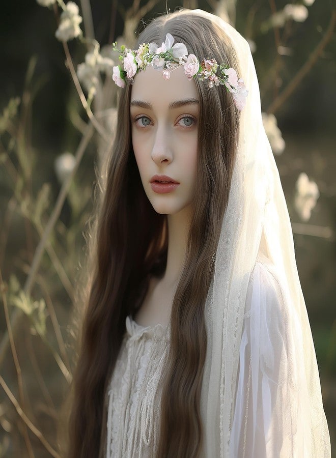 LLinfflr Pearl Flower Crown Floral Garland Headband Flower Halo Headpiece Hair Wreath Boho Photos Wedding Pink - Image 4